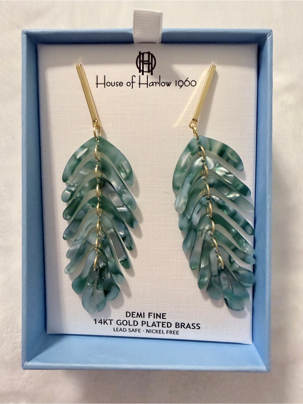 House Of Harlow 1960 Teal Marbled Leaf Cascade Earrings - Gold Plated